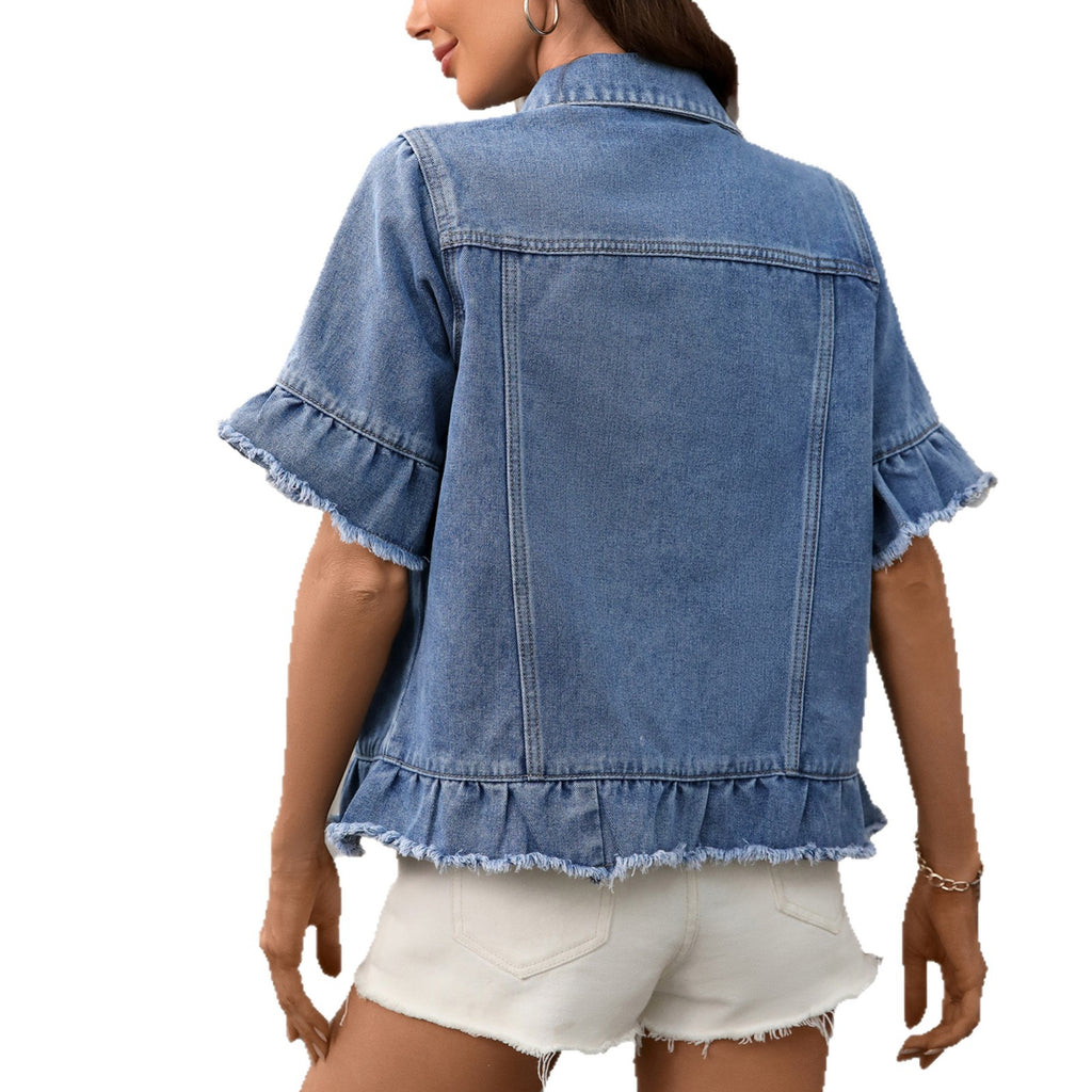 Washed American-style Chic WISH Fringed-hem Short-sleeve Denim Jacket by Ricaloux