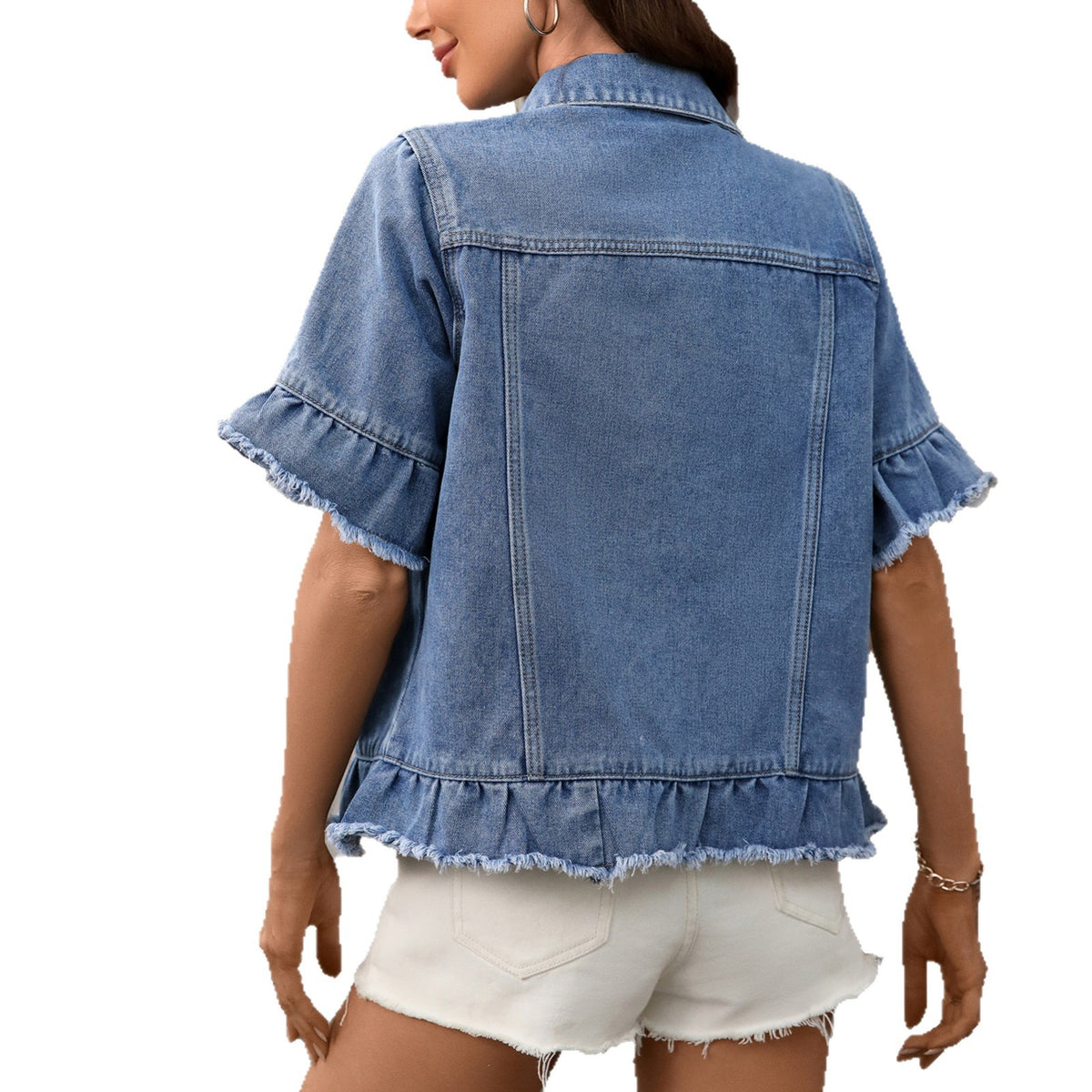Washed American-style Chic WISH Fringed-hem Short-sleeve Denim Jacket by Ricaloux
