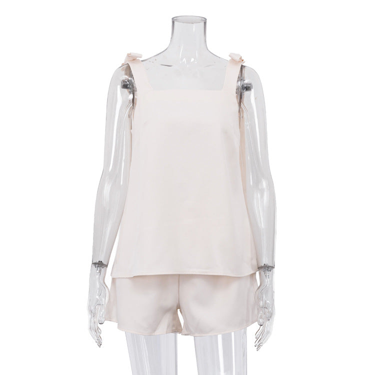 Bow Strap Square Neck A-Line Tank & Elastic Waist Casual Shorts 2-Piece Co-Ord Set by Ricaloux