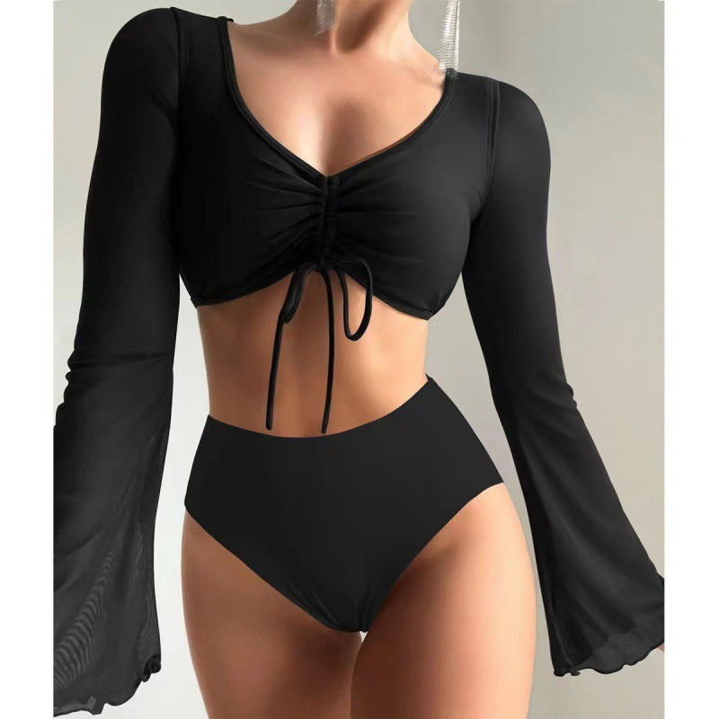 Solid-color High-waisted Modest Spliced Swimsuit With Mesh Panels – Premium 0 | RICALOUX