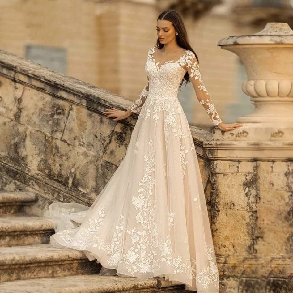 Long Sleeve Wedding Dress Mori Style Bridal Simple Round Neck - RICALOUX
