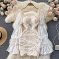 Women's Temperament Square Neck Lace Perspective Lantern Sleeve Waist Bag Hip Dress - RICALOUX