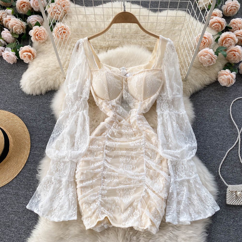 Women's Temperament Square Neck Lace Perspective Lantern Sleeve Waist Bag Hip Dress - RICALOUX