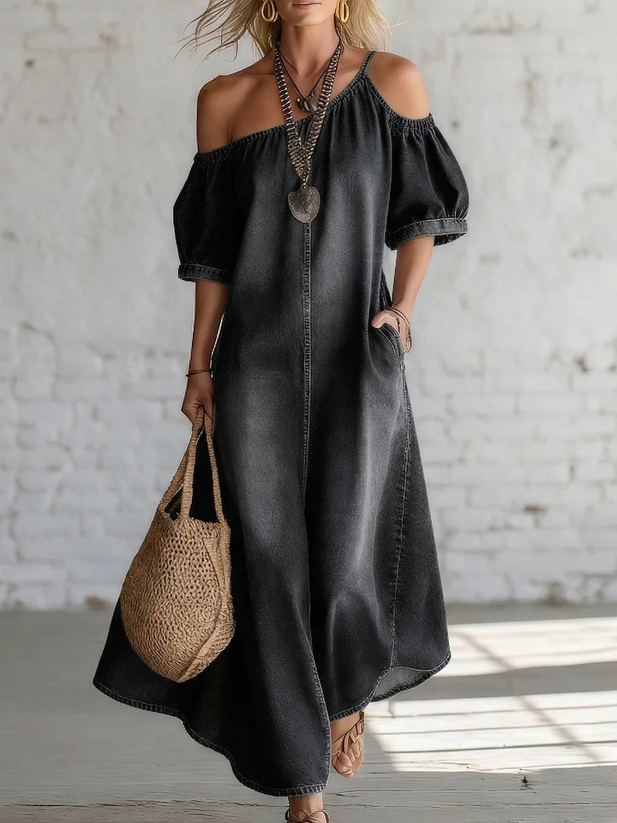 Loose-fit Chic Off-shoulder Slit Denim Maxi Dress by Ricaloux