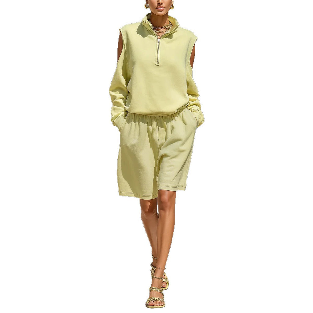 Half-zip Off-shoulder Sweatshirt And Relaxed-fit Shorts Set by Ricaloux
