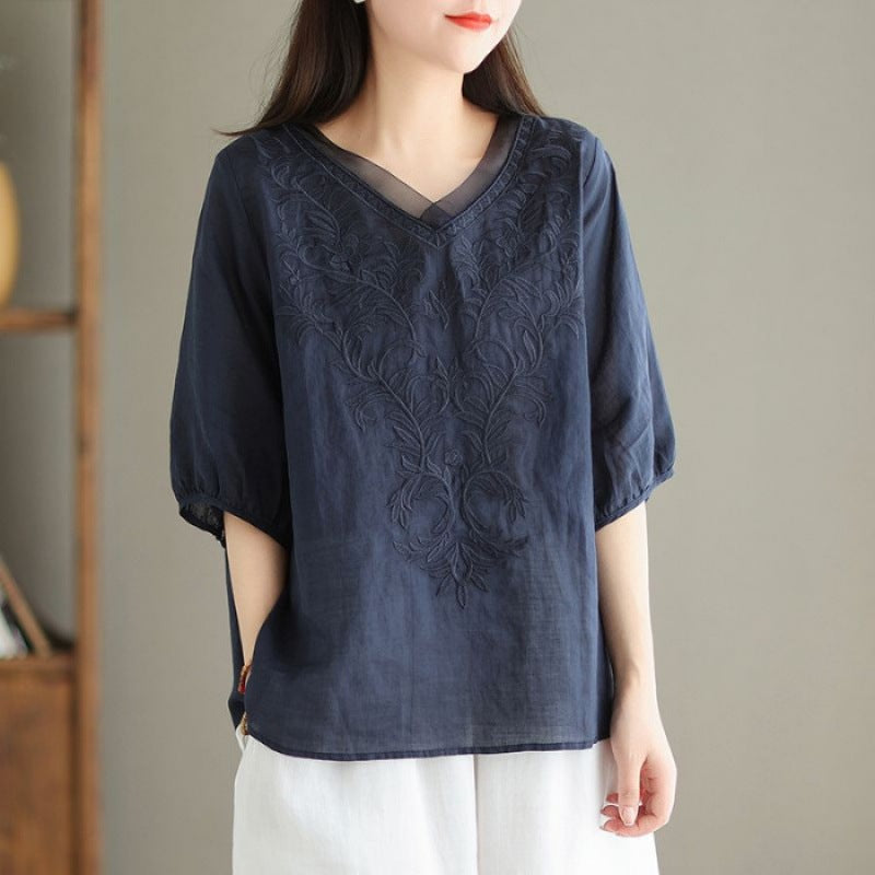 Embroidered Casual Versatile Lightweight High-end Cotton-linen Shirt by Ricaloux