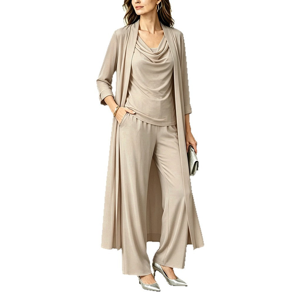 Womens Long Cardigan Jacket And Pants Three-piece Set by Ricaloux