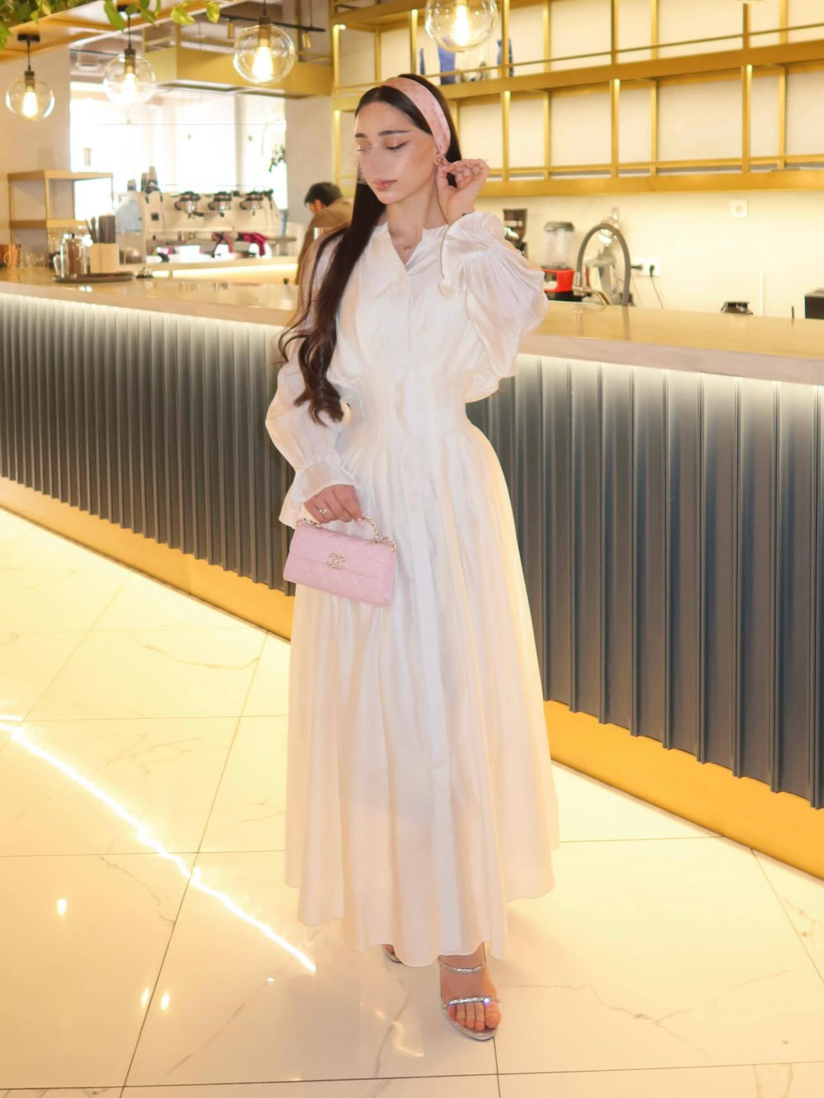 Puff Long Sleeve Gathered Waist Button Front Flowy Dress by Ricaloux