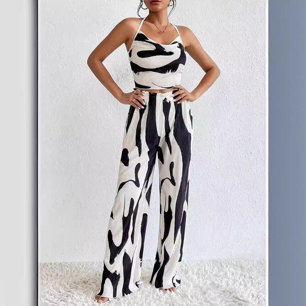 Large-Check Print Halterneck Wide-Leg Pants Casual Set by Ricaloux