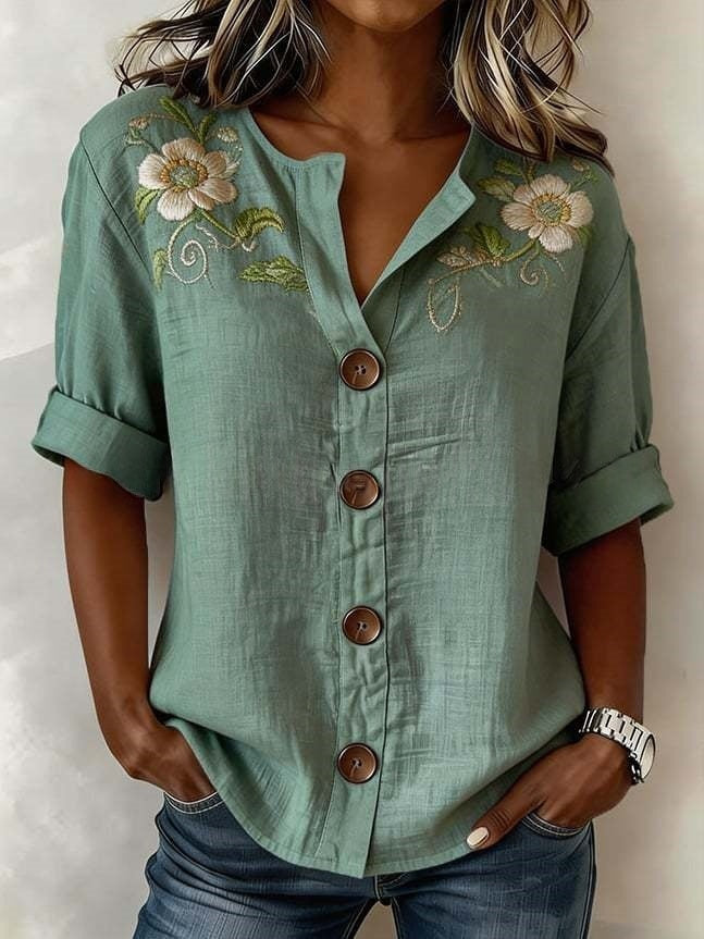 Lantern-sleeve Printed Button-up Womens Blouse by Ricaloux