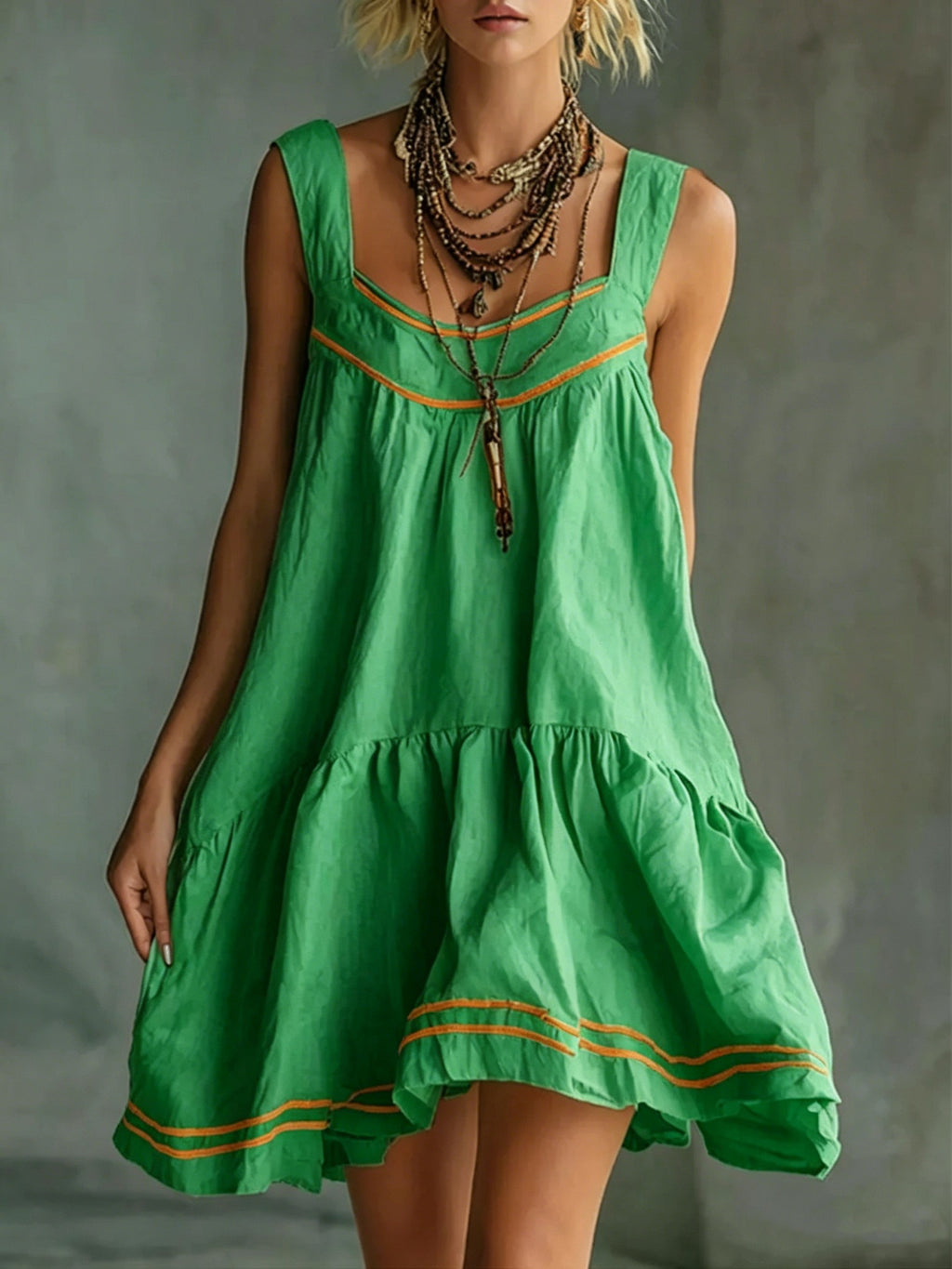 New Retro Casual Chic Embossed Comfortable Solid-color Cotton-linen Mini Slip Dress by Ricaloux