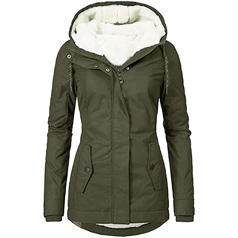 Solid Color Pocket Long-sleeve Zipper Fleece Padded Coat Women - RICALOUX