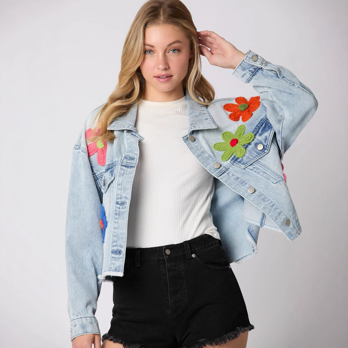 Multicolor Three-dimensional Floral-decorated Denim Jacket – Premium 0 | RICALOUX