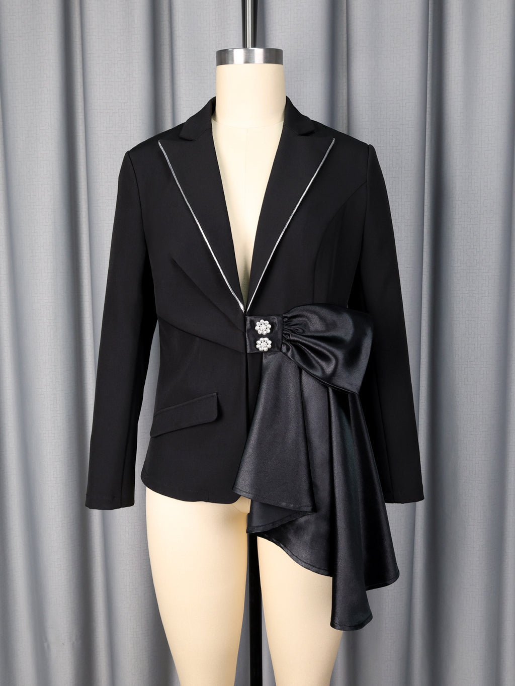 Contrast Satin Bow Rhinestone Trim Fitted Blazer Jacket by Ricaloux