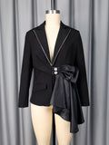 Contrast Satin Bow Rhinestone Trim Fitted Blazer Jacket by Ricaloux