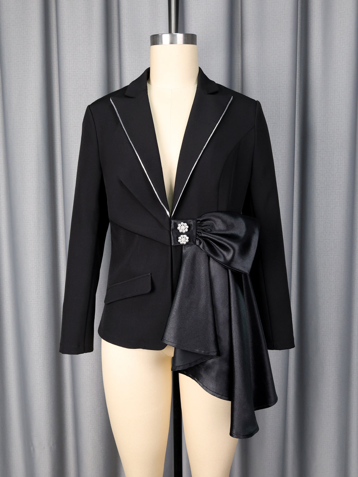 Contrast Satin Bow Rhinestone Trim Fitted Blazer Jacket by Ricaloux