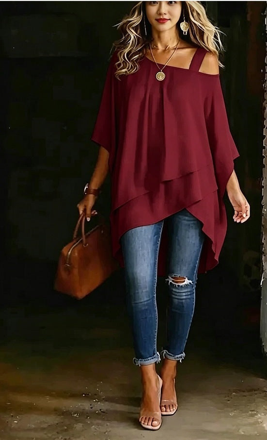 Womens Solid-color Asymmetric Off-shoulder Top – Premium 0 | RICALOUX