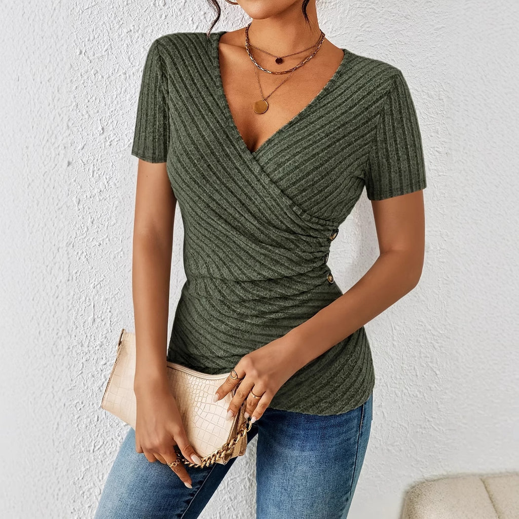 Solid-color V-neck Casual Short-sleeve Womens Top by Ricaloux