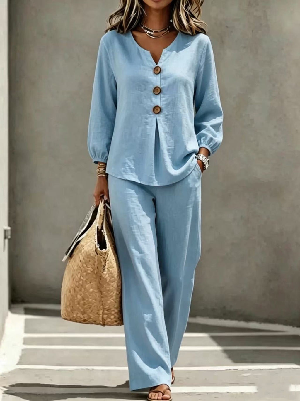 Women's New Casual Two-piece Top With V-neck Long Sleeved Pants – Premium 0 | RICALOUX
