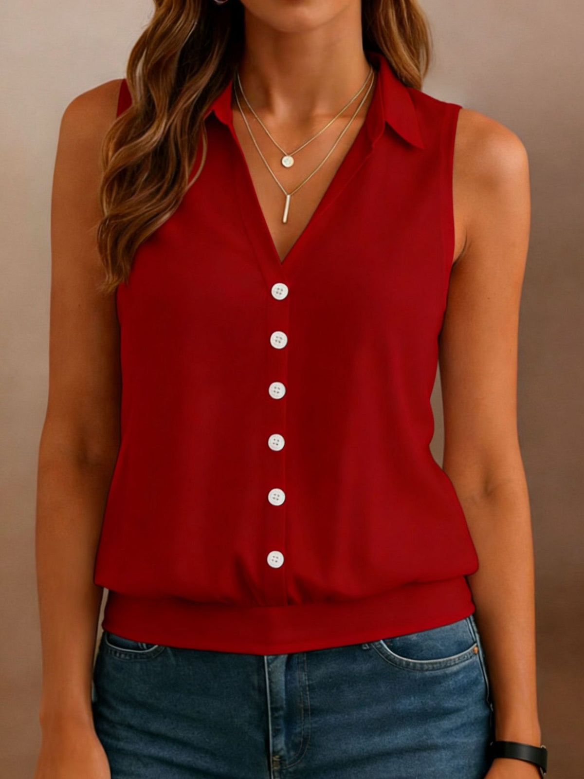 Womens Solid-color Lapel, Loose-fit Sleeveless Button-up Blouse by Ricaloux