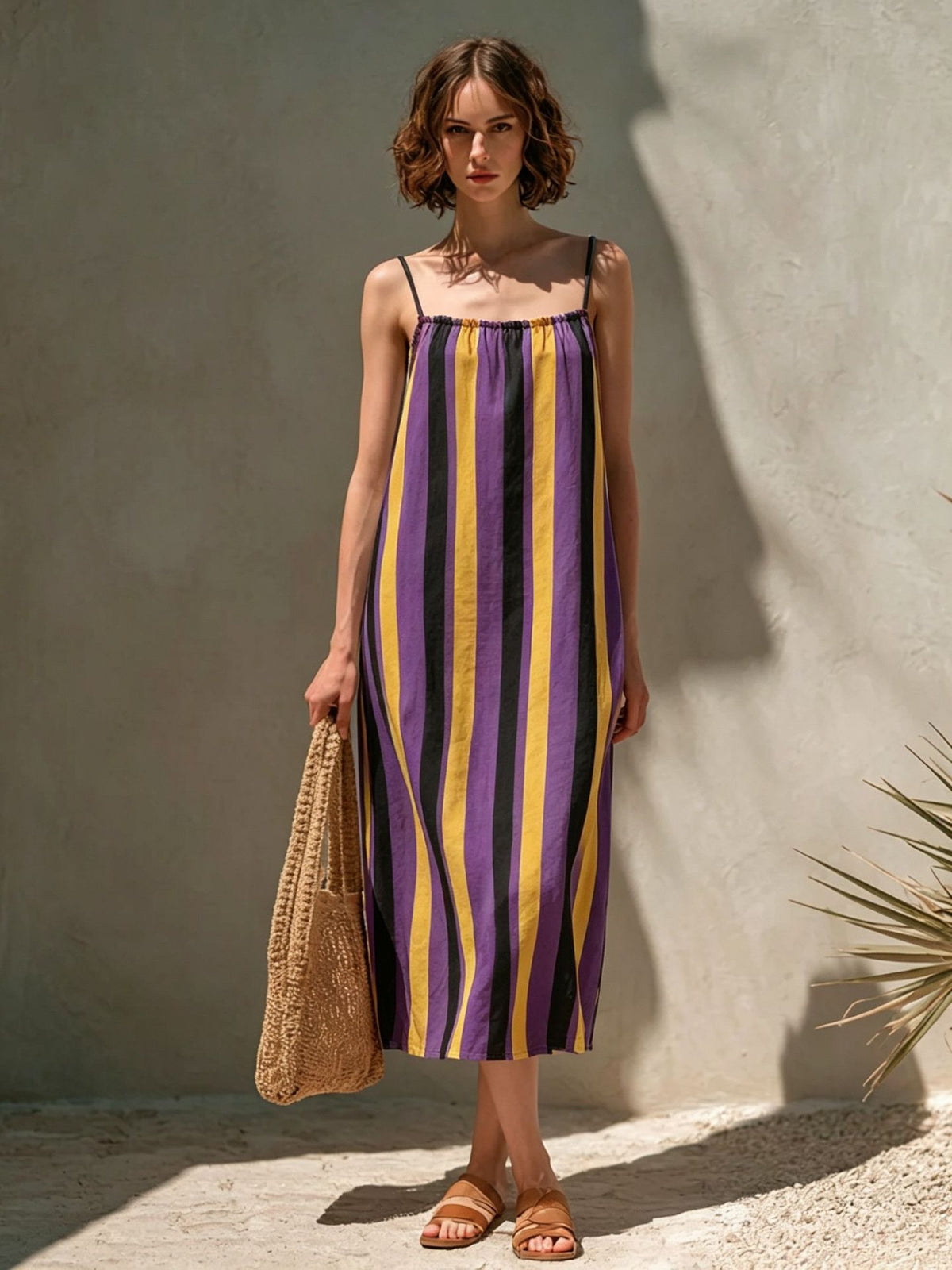 Womens Minimalist Striped Strap Midi Dress by Ricaloux