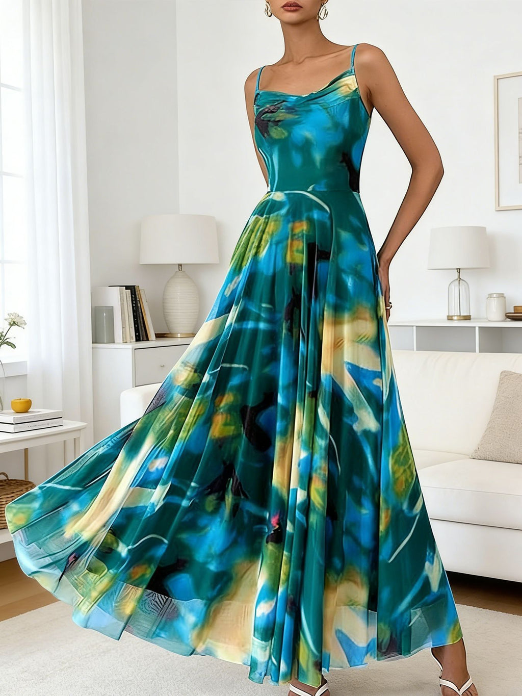 Womens Fashionable Printed Waist-cinching Strap Dress by Ricaloux