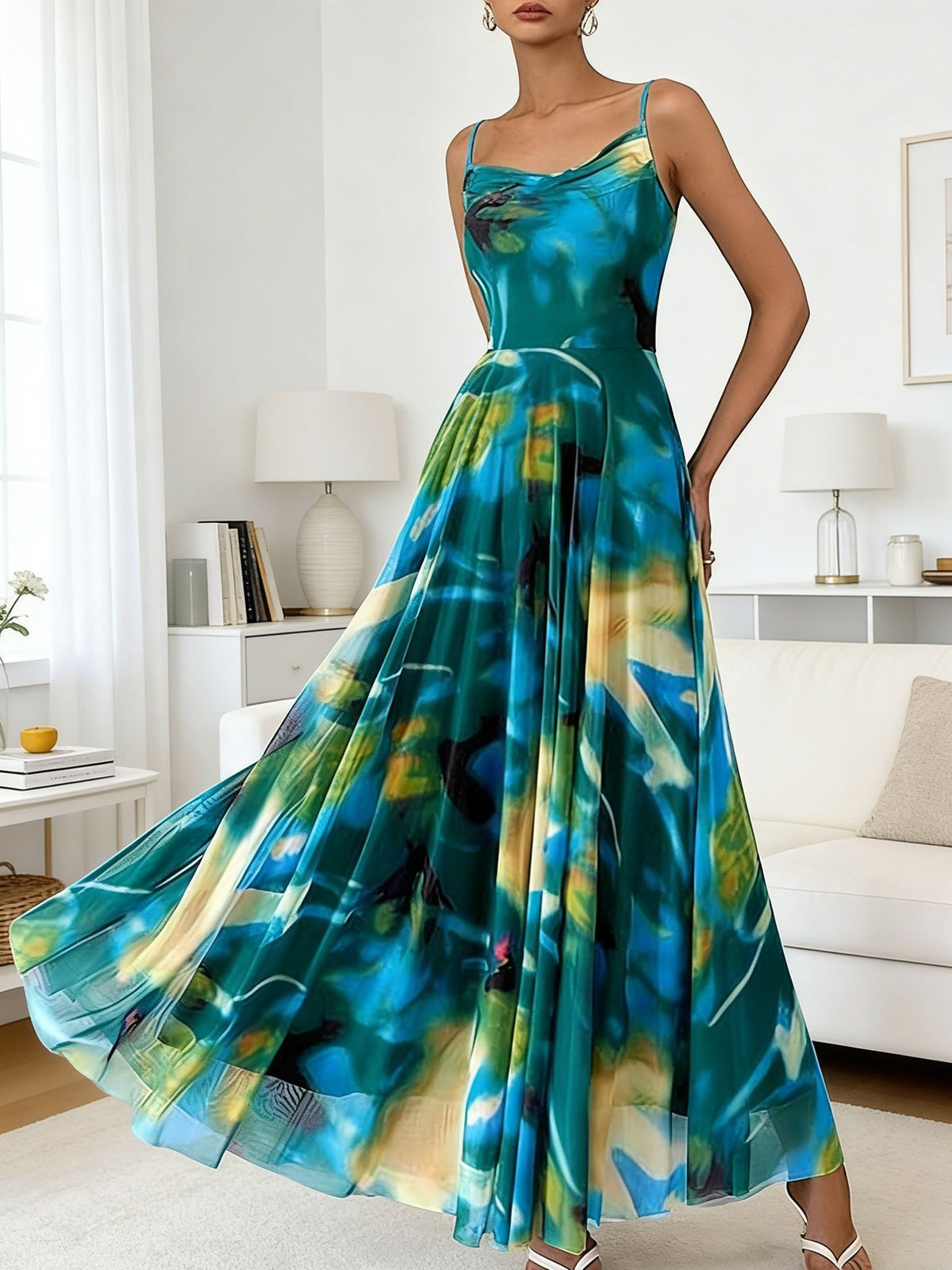 Womens Fashionable Printed Waist-cinching Strap Dress by Ricaloux