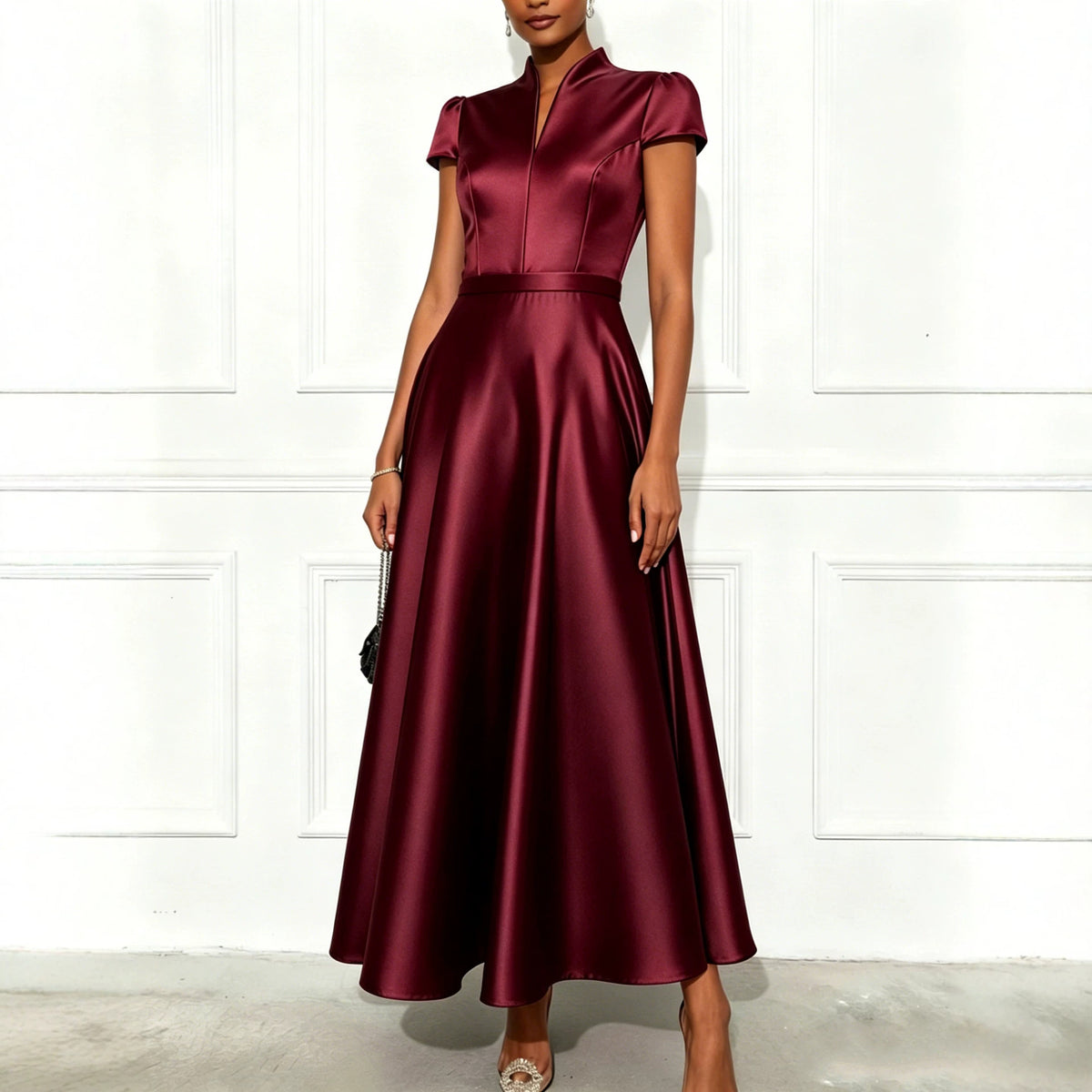 Solid-color Knitted Satin Short-sleeve Waist-cinching Swing Dress – Premium 0 | RICALOUX