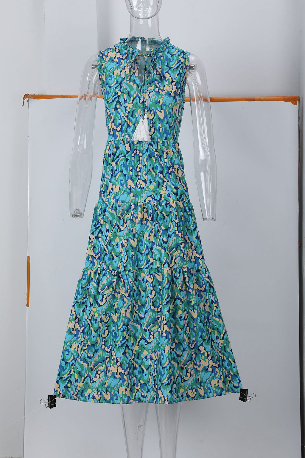 Sleeveless V-neck Tassel Abstract-print Dress by Ricaloux