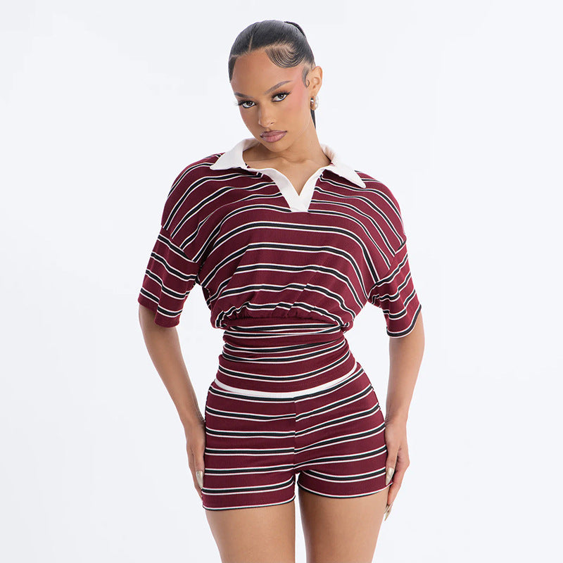 Womens Color-block Lapel Top And Shorts Set by Ricaloux