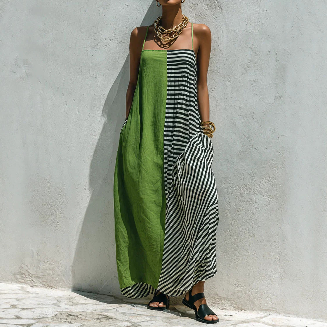Printed Striped Strap Sleeveless Long Dress by Ricaloux