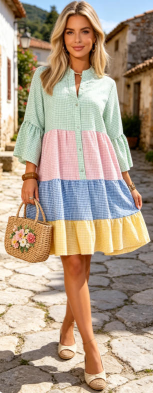 Color-block Plaid Patchwork Shirt Dress Loose-fitting With Flared Sleeves And A Tiered Cake Skirt by Ricaloux