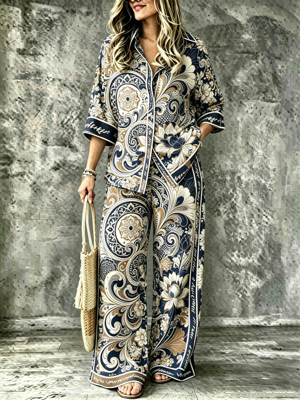 SpringSummer Digital-Print Shirt And Pants Set by Ricaloux