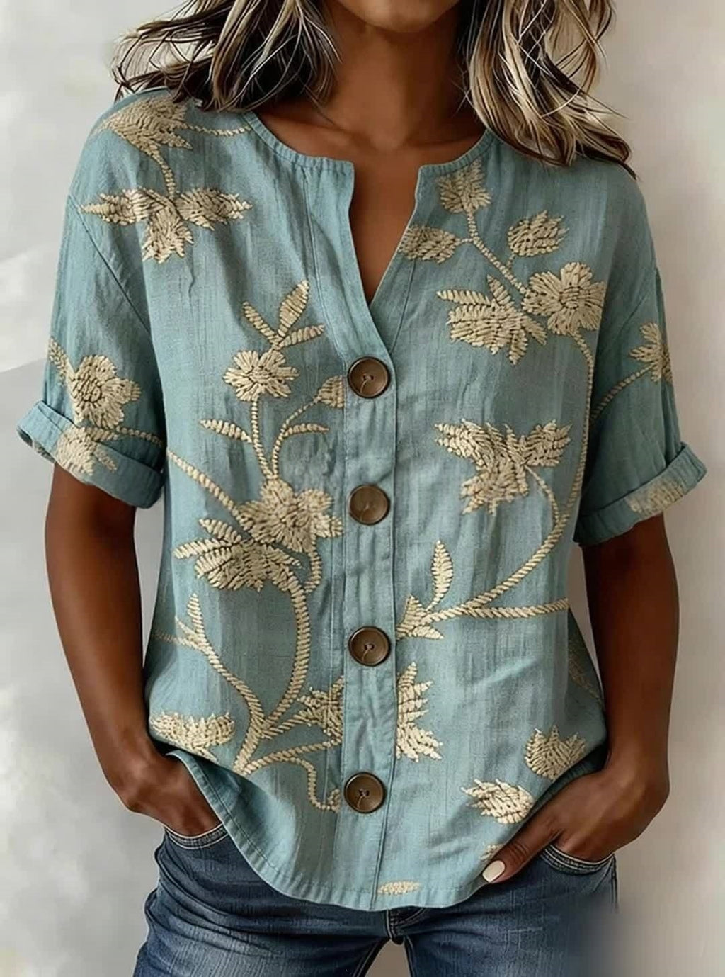 Lantern-sleeve Printed Button-up Womens Blouse by Ricaloux