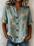 Lantern-sleeve Printed Button-up Womens Blouse by Ricaloux