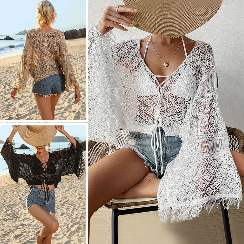 New Cross-Border Seashell Pattern Beach Cover Up, Fringe Flare Sleeve Sun Protection Shirt, Bikini Outerwear For European & American Market by Ricaloux