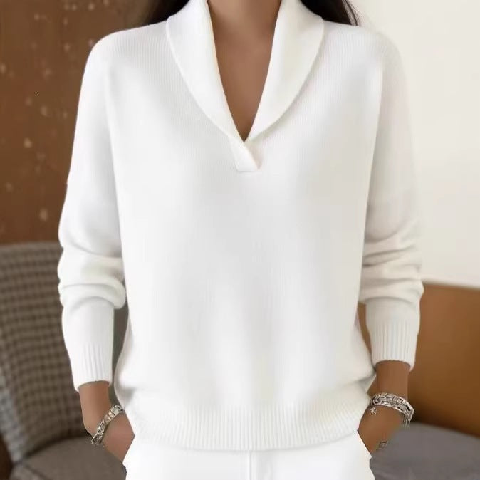 Fashionable Solid-color V-neck Long-sleeve Loose-fit Pullover by Ricaloux