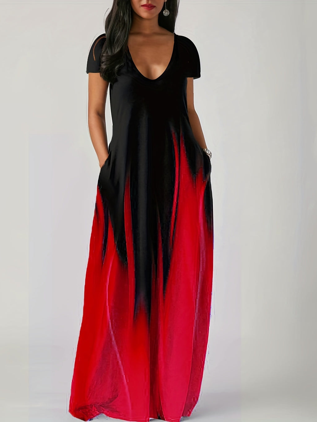 Women's Ombre Gradient Short Sleeve Maxi Dress With Pockets Casual V-Neck Loose Fit Long Dress For Summer – Premium 4 | RICALOUX