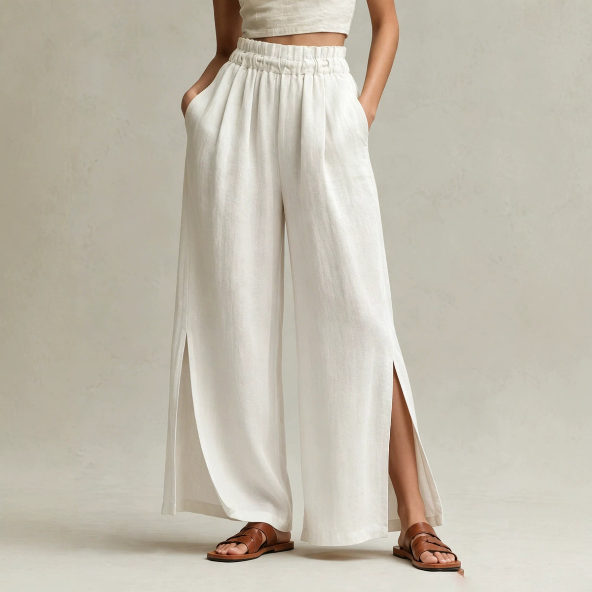 Womens Casual High-waisted Trousers With An Elastic Waist And Side Slits by Ricaloux