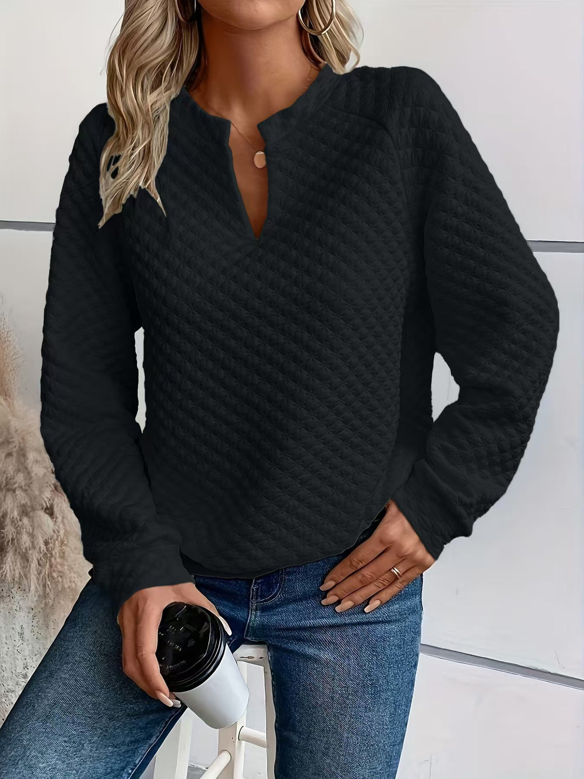 Womens Solid-Color Deep V-Neck Spliced Long-Sleeve Top by Ricaloux