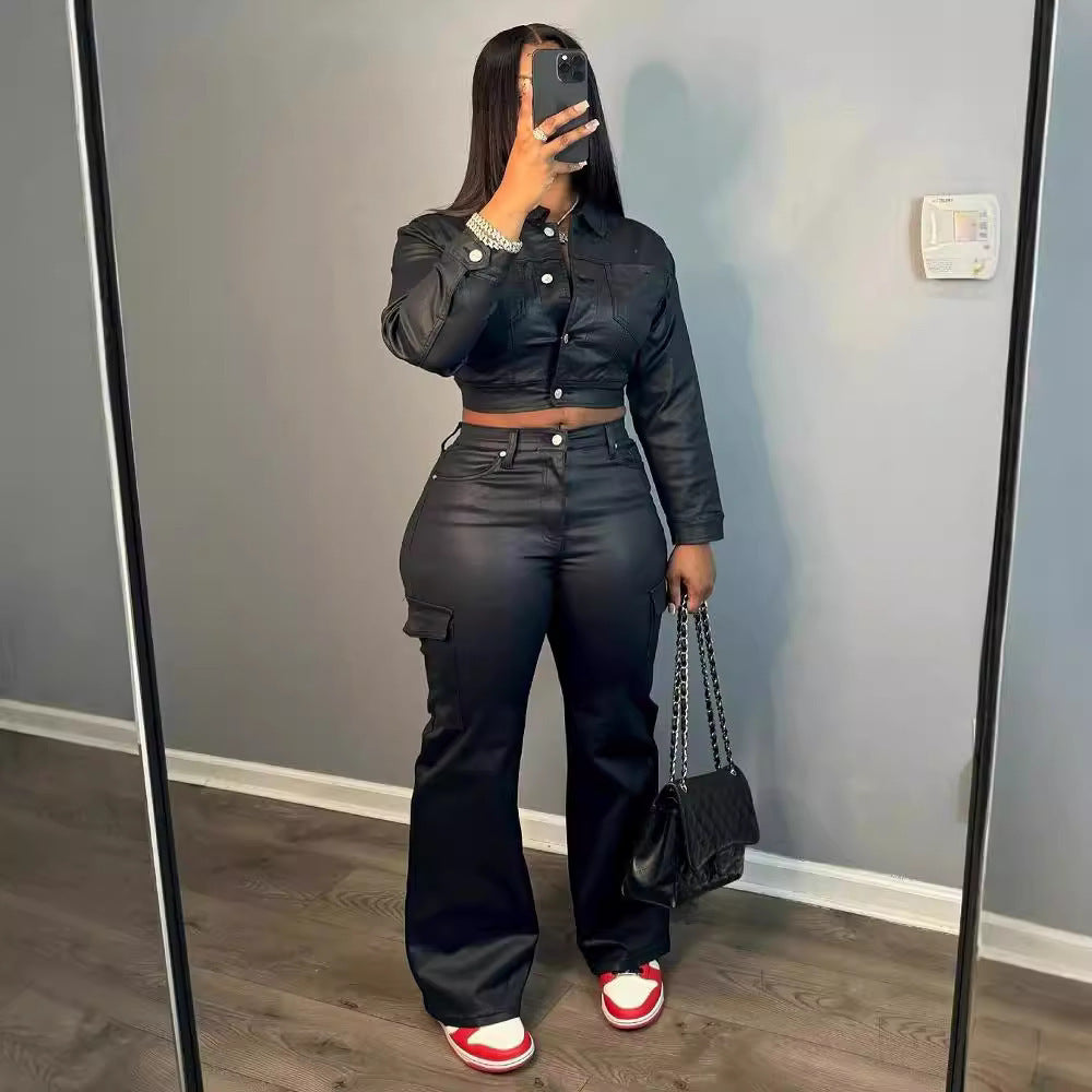 Suit-style Leather Jacket Best-selling Cardigan And Athletic Trousers Set by Ricaloux