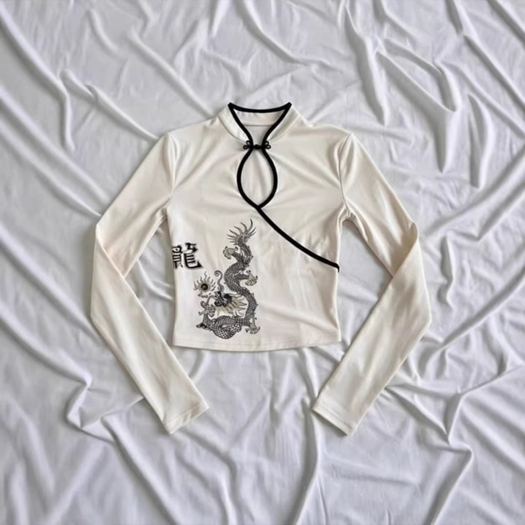 Dragon-print Fitted Short-length Long-sleeve Womens Top by Ricaloux