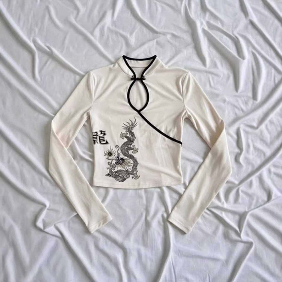 Dragon-print Fitted Short-length Long-sleeve Womens Top by Ricaloux