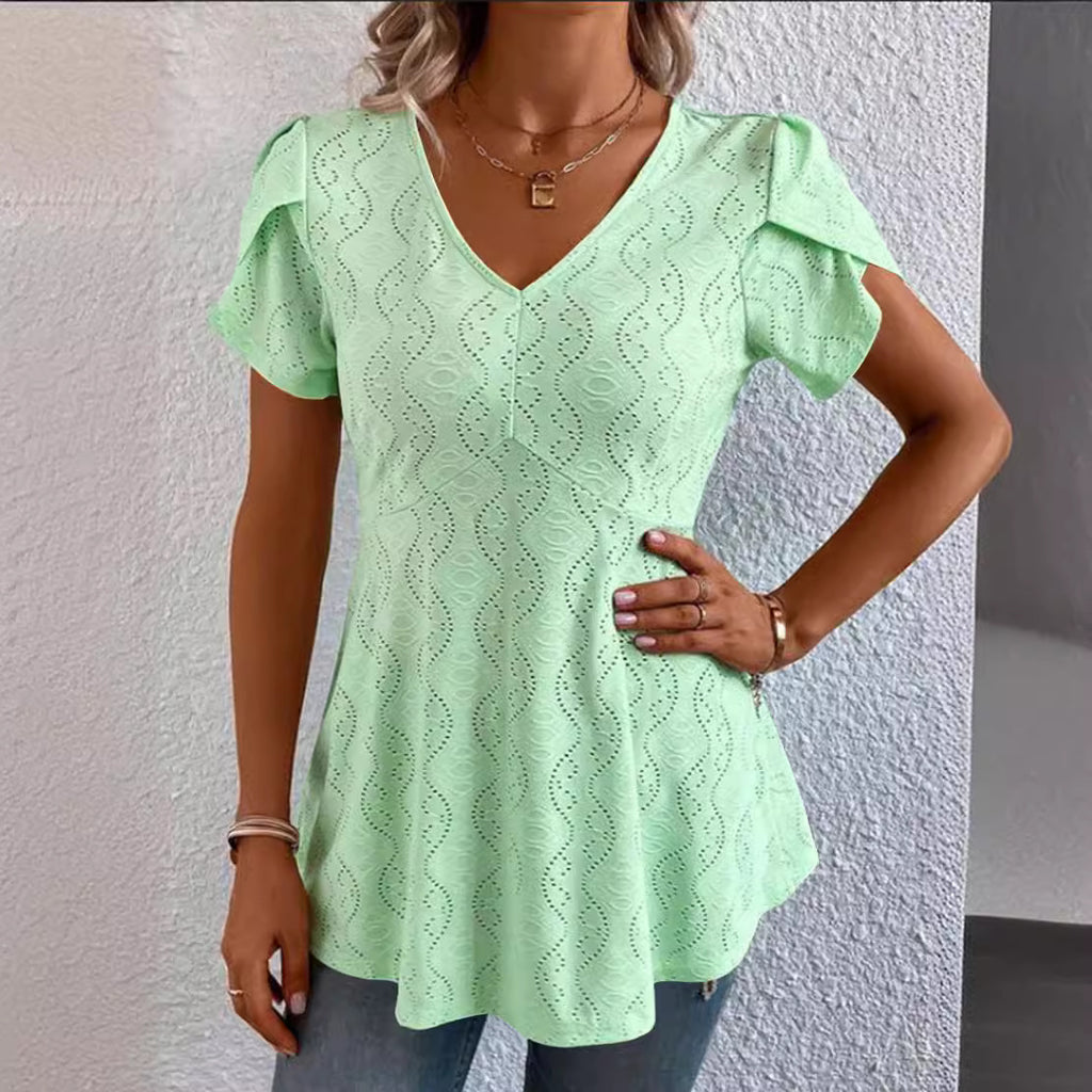 Solid-color V-neck Flutter-sleeve Casual by Ricaloux