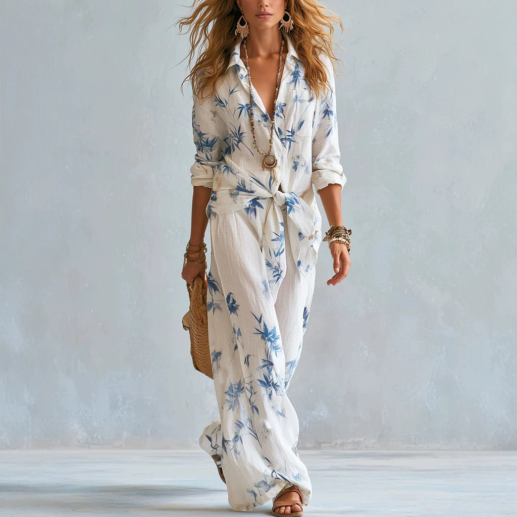 Bohemian Style Belted Resort Style Shirt And Wide Leg Pants Set For Women – Premium 0 | RICALOUX