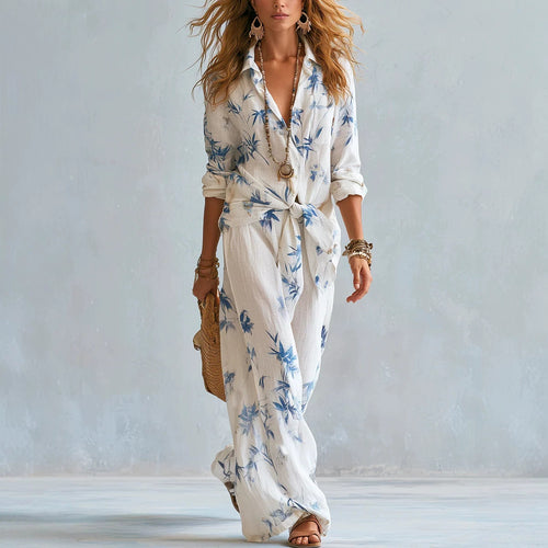 Bohemian Style Belted Resort Style Shirt And Wide Leg Pants Set For Women – Premium 0 | RICALOUX