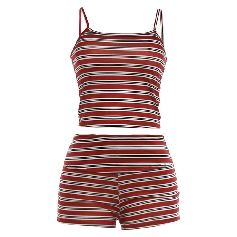 Womens Slim-fit Cropped Camisole And Striped Shorts Set by Ricaloux