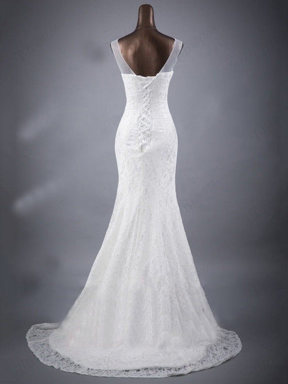 Lace slim and thin double shoulder tail wedding dress - RICALOUX