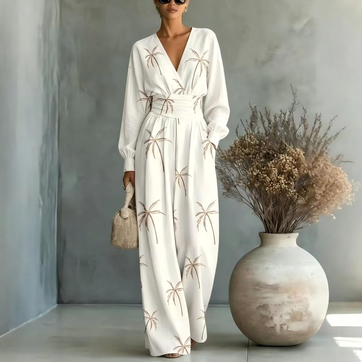 V-neck Long-sleeve Womens Printed Jumpsuit – Premium 0 | RICALOUX