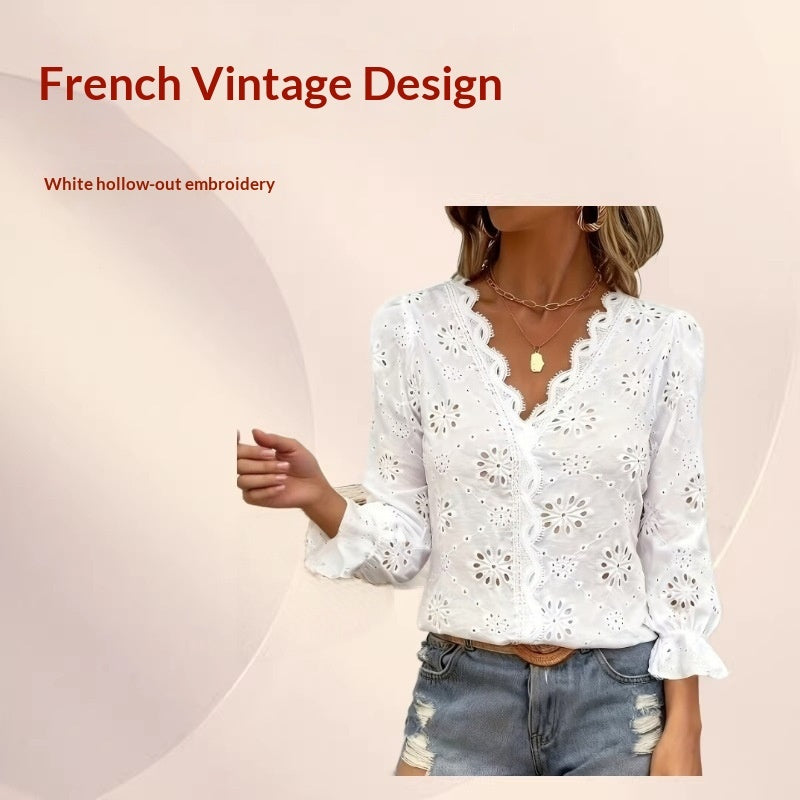 V-neck Ruffled Long-sleeve Top Elegant Style by Ricaloux